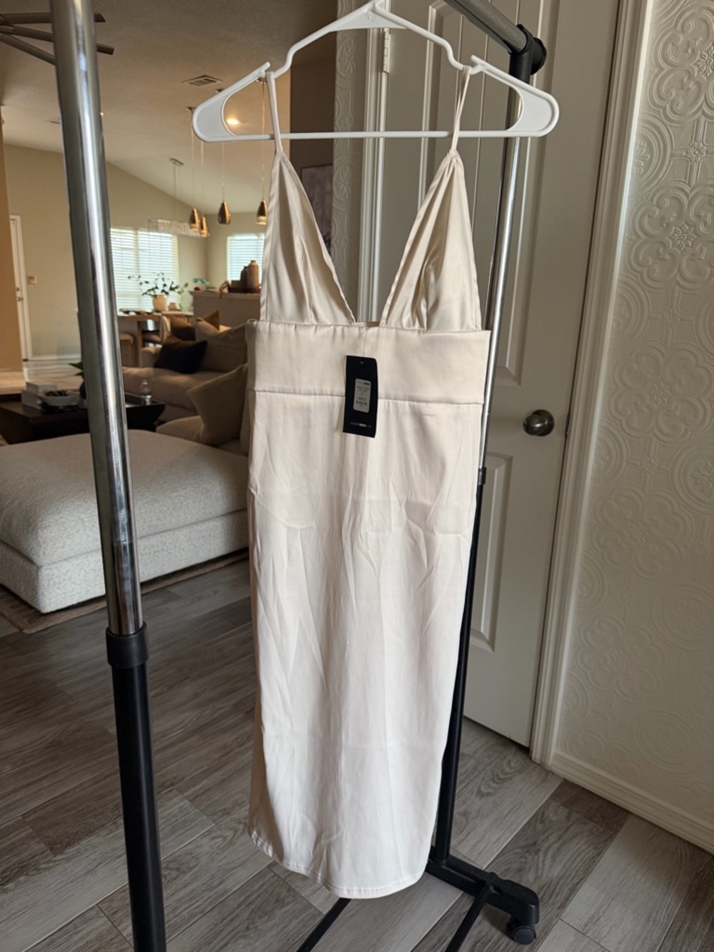 Fashion Nova Cream Midi Dress with Deep V Neck